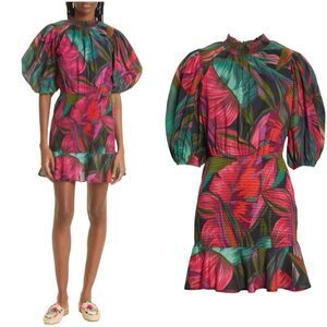 FARM Rio Midnight Leaves Smocked Puff Sleeve Dress